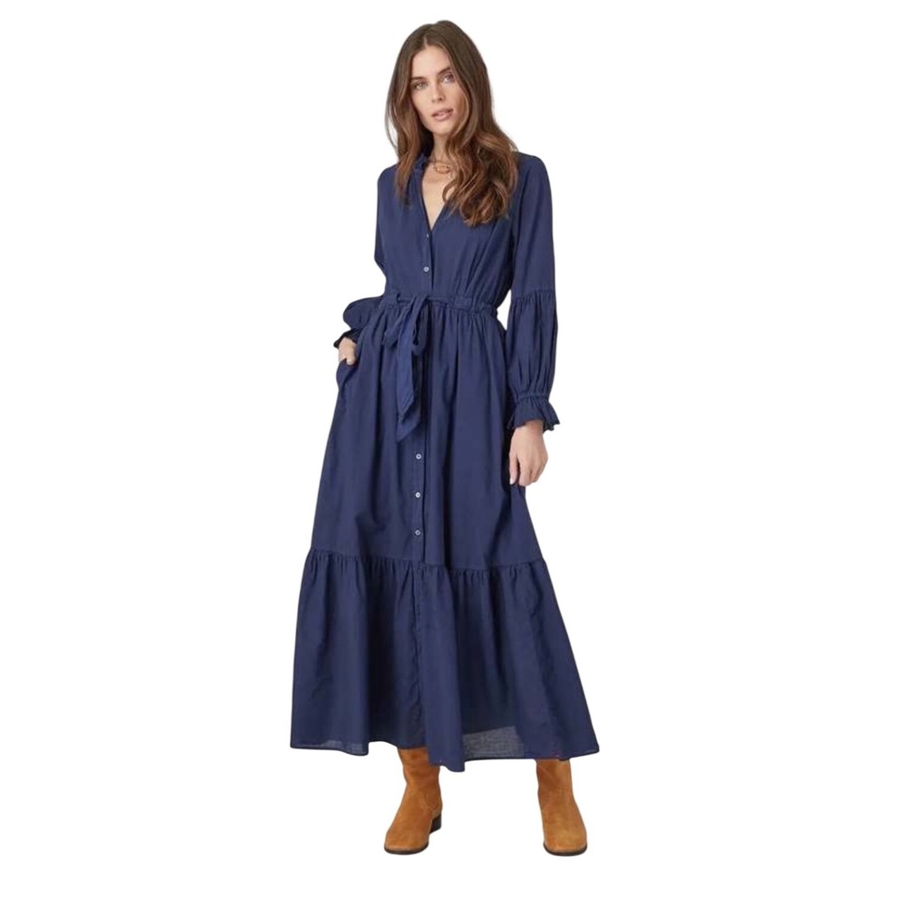 Xirena Lark Dress Navy Blue Cotton Poplin Ruffle Maxi Shirtdress NWT Size S